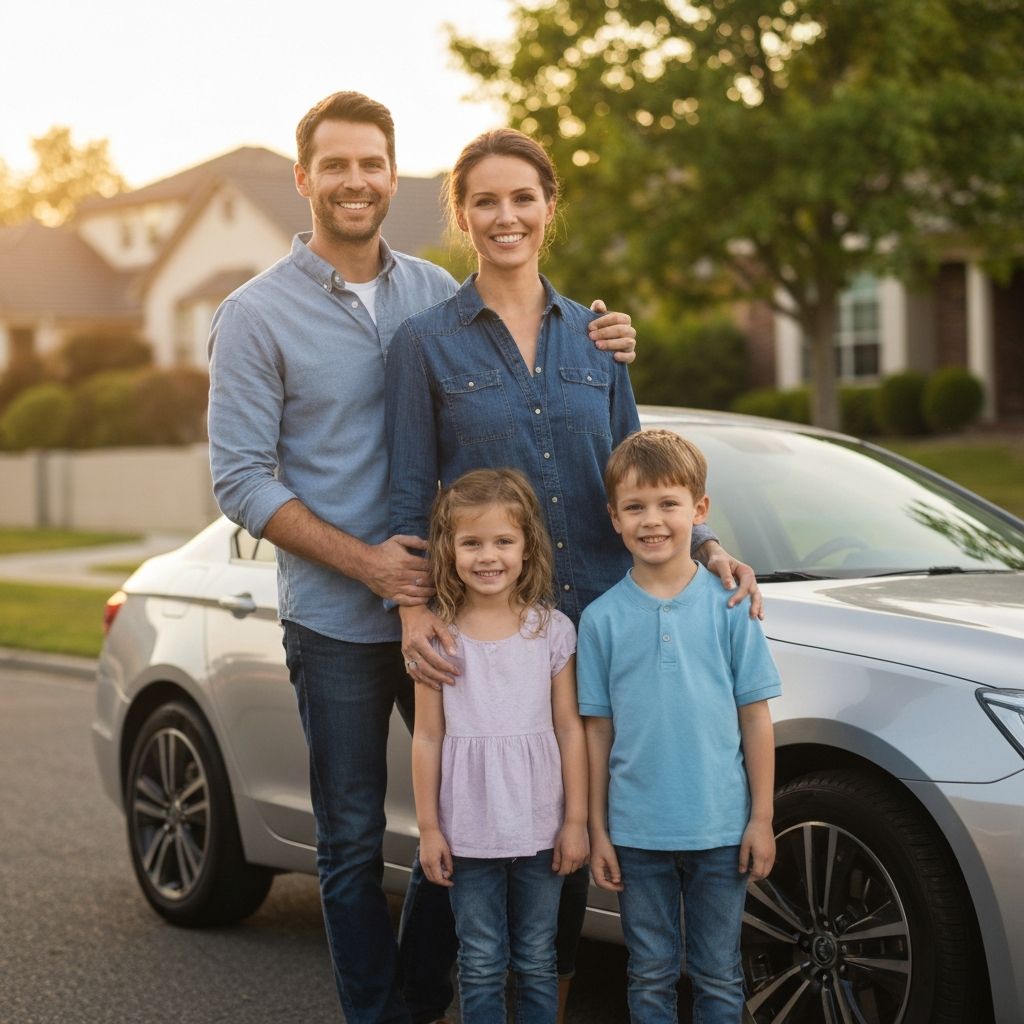 Happy family standing next to their car on a sunny day